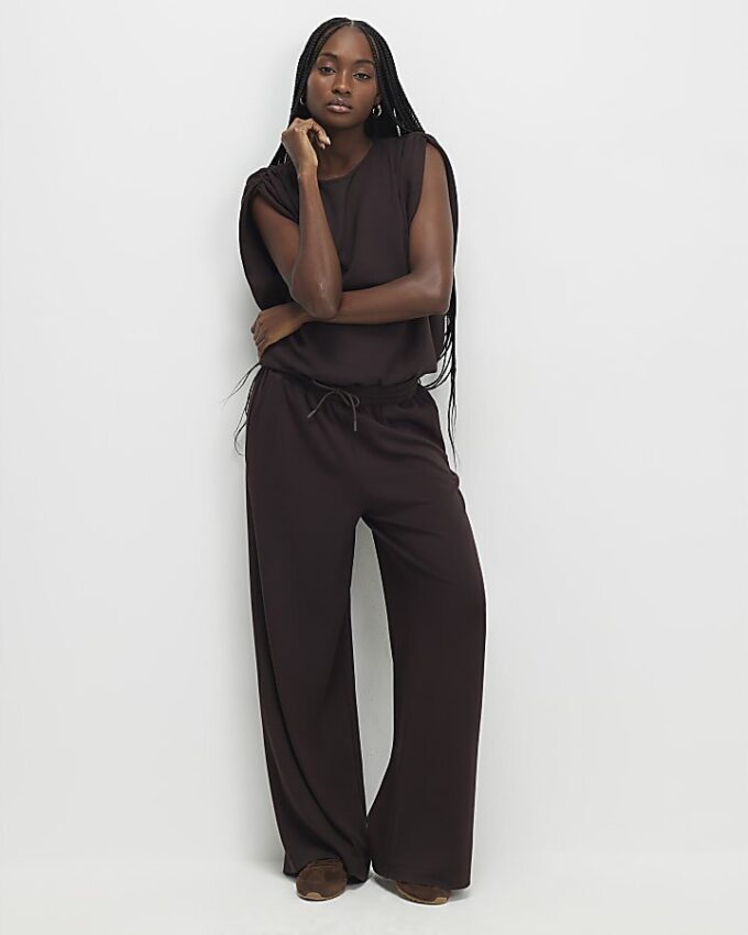 Brown High Waisted Premium Wide Leg Joggers