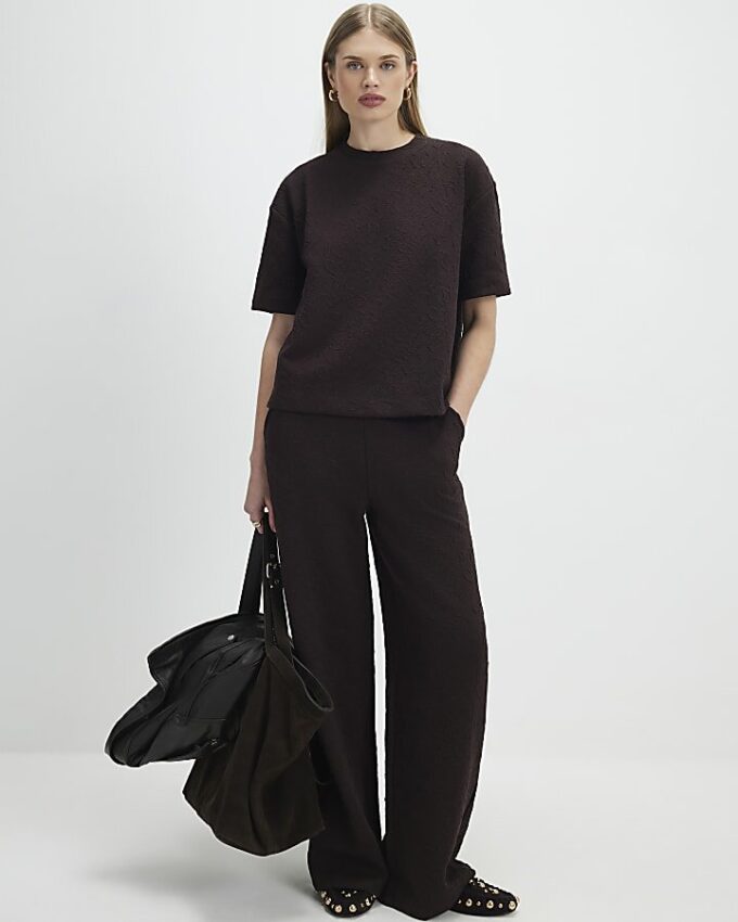 Brown Jacquard Wide Leg Trousers