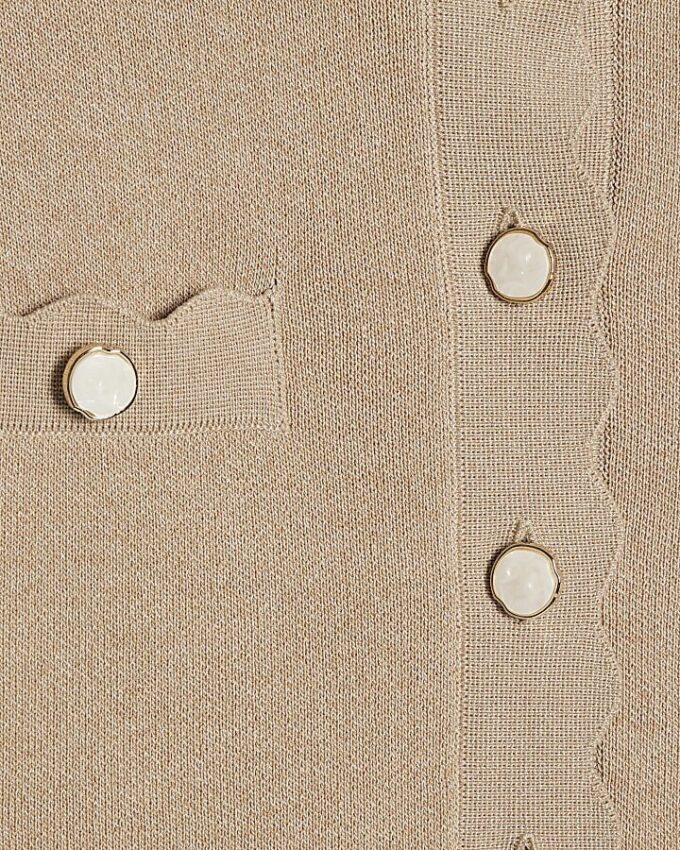 Brown Knit Fitted Scallop Trim Cardigan