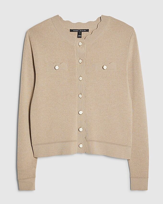 Brown Knit Fitted Scallop Trim Cardigan