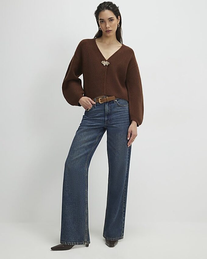 Brown Knitted Gold Detail Cardigan