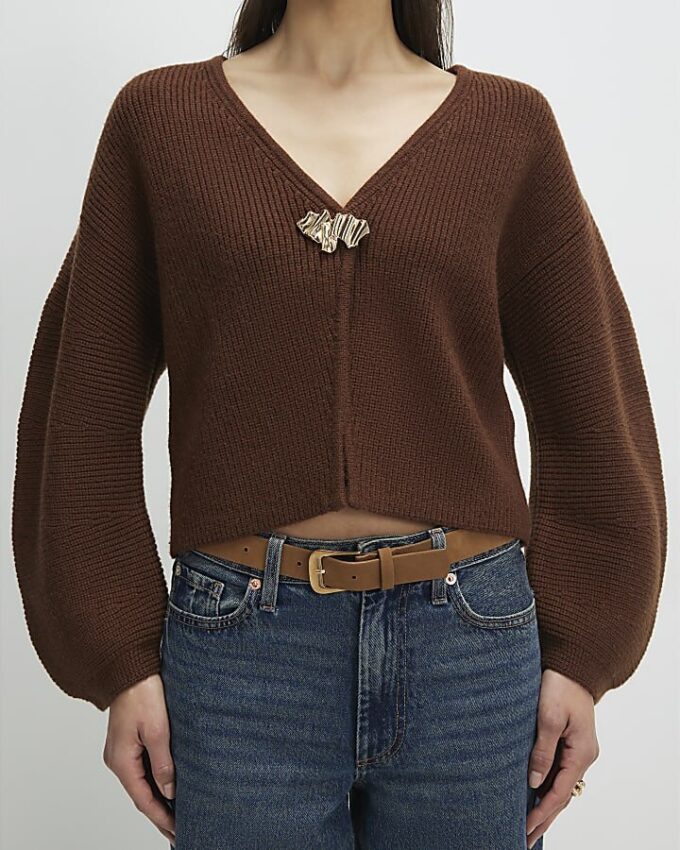 Brown Knitted Gold Detail Cardigan