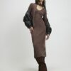 Brown Knitted Long Sleeve Tie Neck Midi Dress