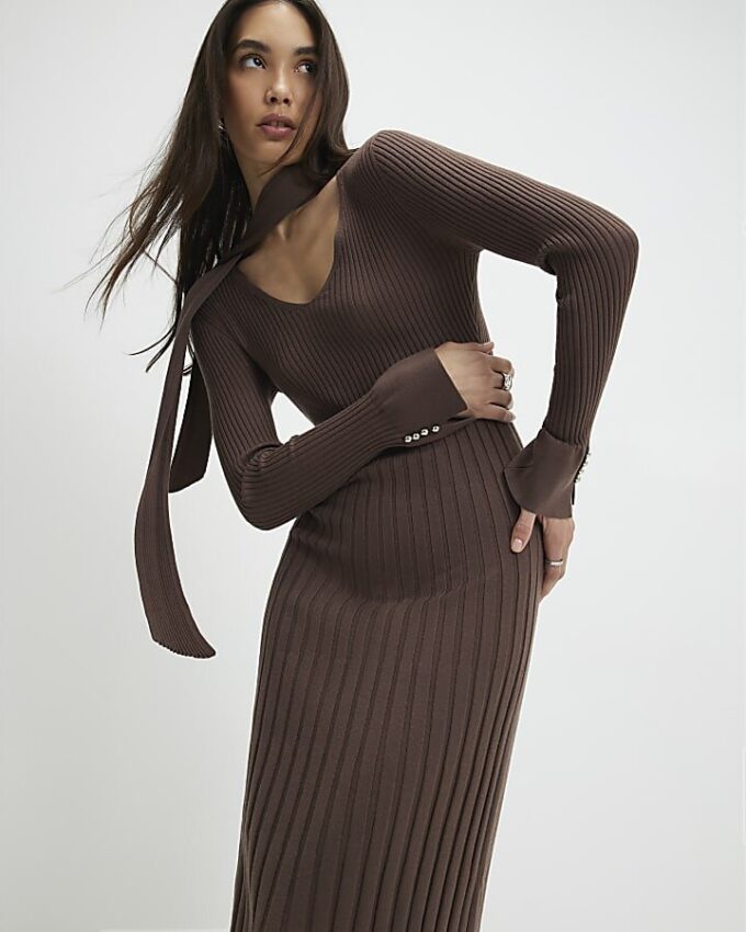 Brown Knitted Long Sleeve Tie Neck Midi Dress