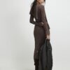 Brown Knitted Long Sleeve Tie Neck Midi Dress