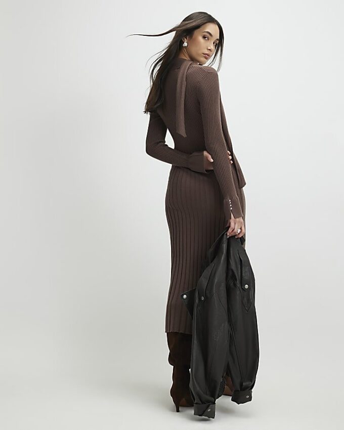 Brown Knitted Long Sleeve Tie Neck Midi Dress