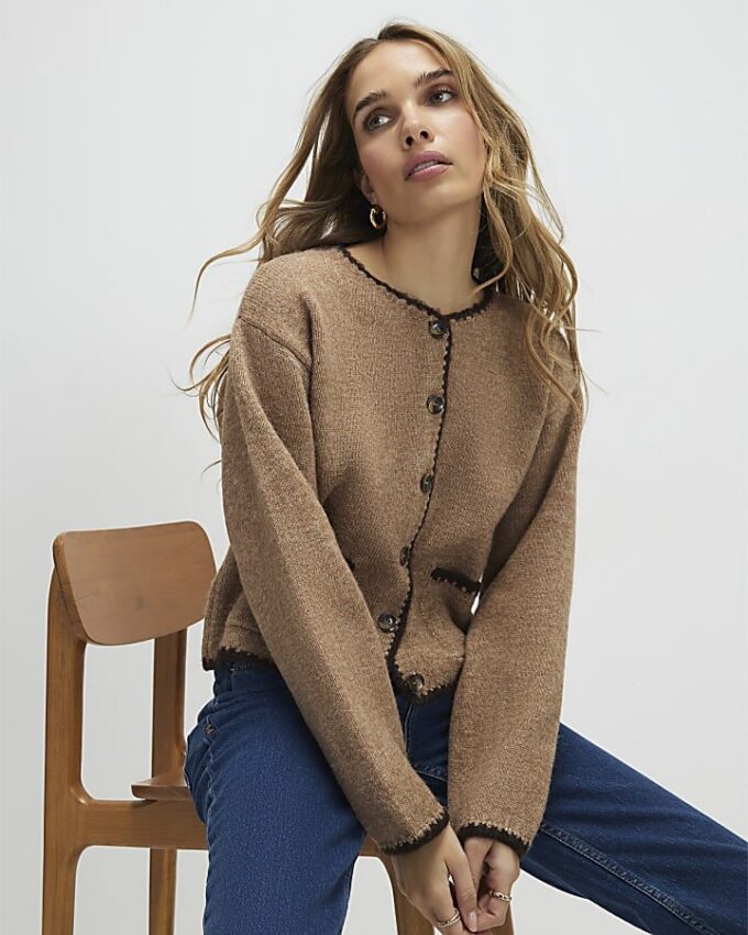 Brown Knitted Long Sleeve Whipstitch Cardigan