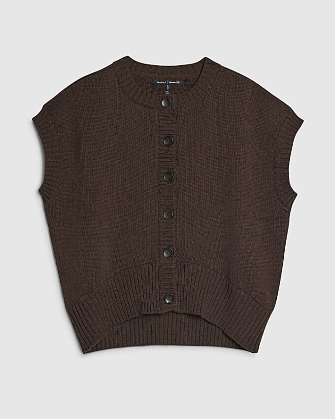 Brown Knitted Sleeveless Ribbed Hem Tank Top