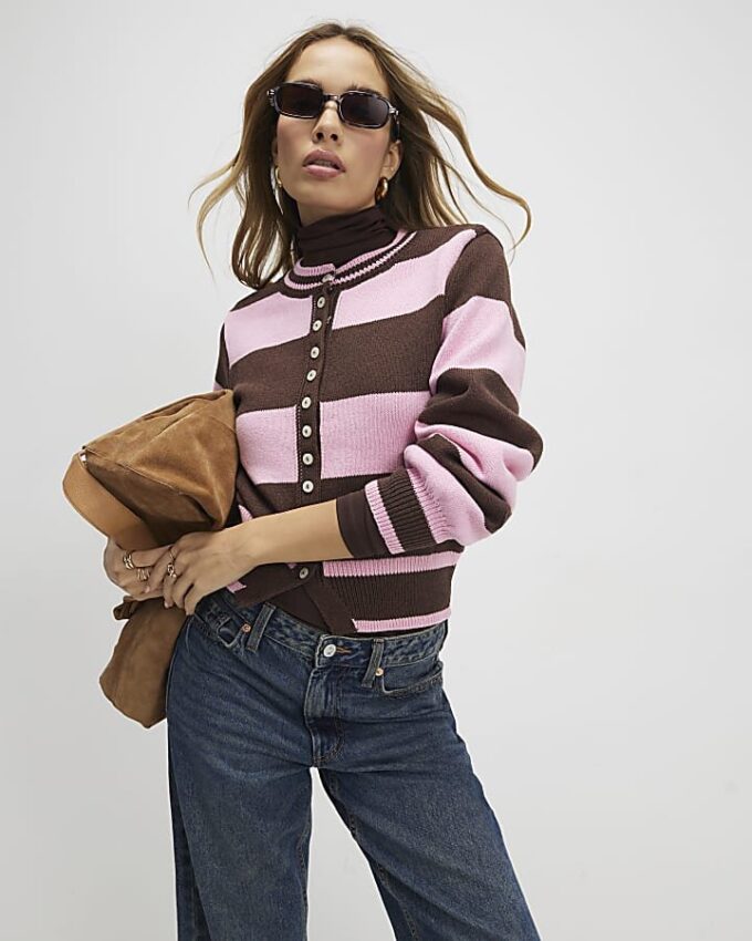 Brown Knitted Striped Cardigan