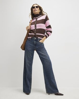 Brown Knitted Striped Cardigan