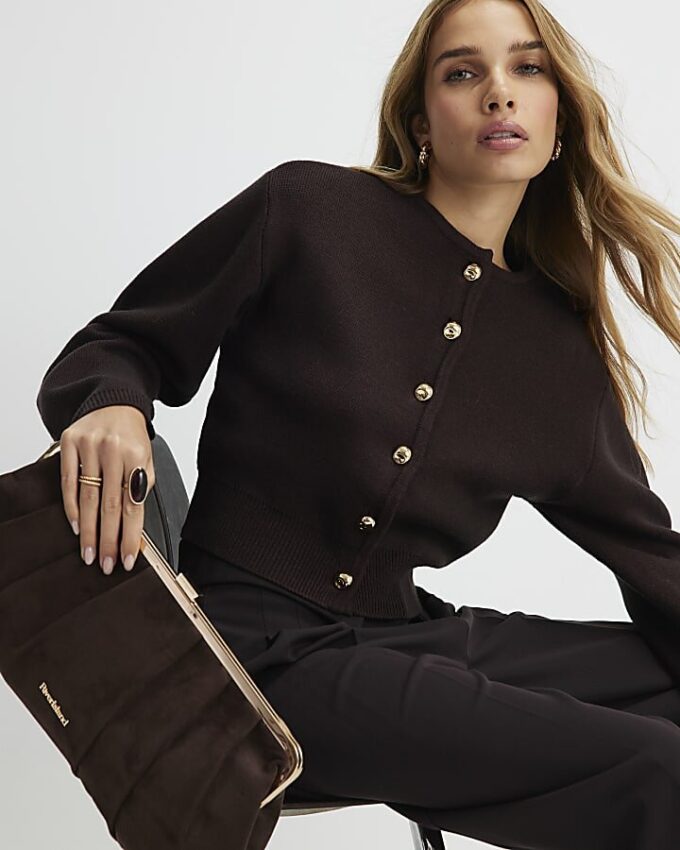 Brown Knitted Structured Sleeve Cardigan
