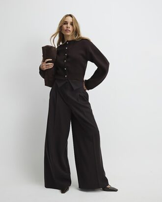 Brown Knitted Structured Sleeve Cardigan
