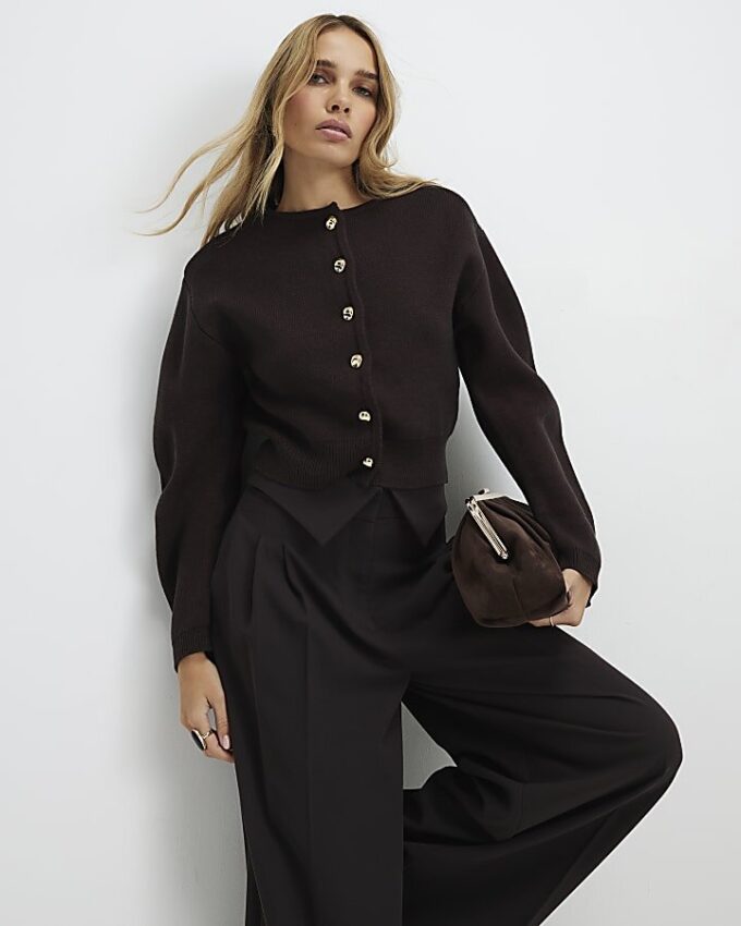 Brown Knitted Structured Sleeve Cardigan