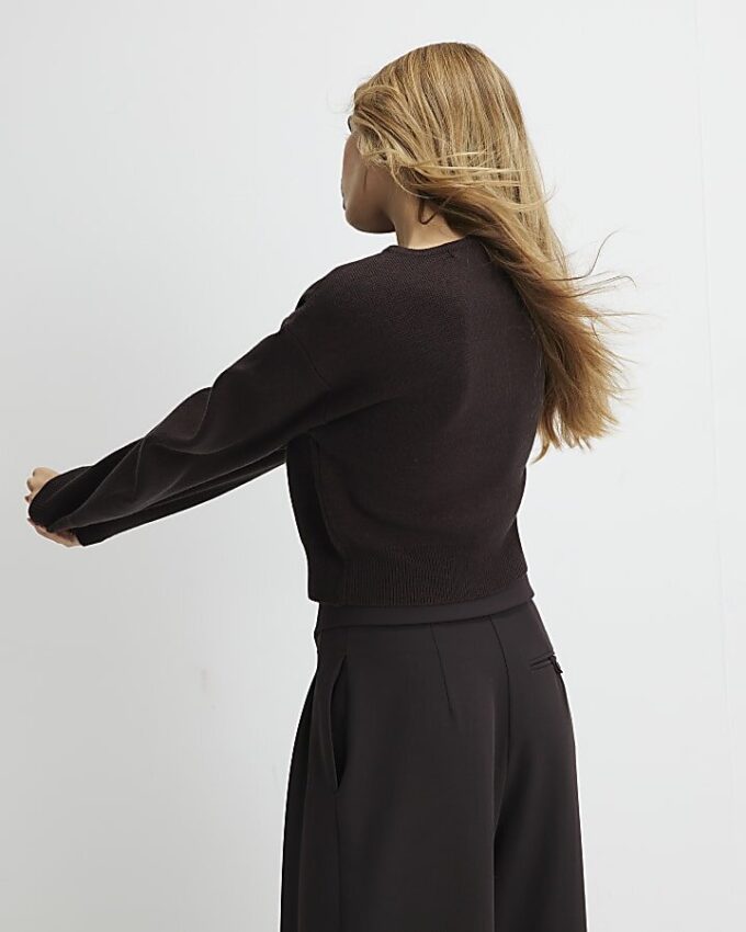 Brown Knitted Structured Sleeve Cardigan