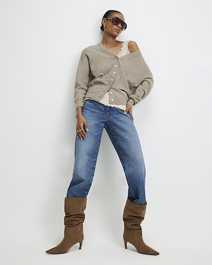 Brown Knitted V Neck Cardigan