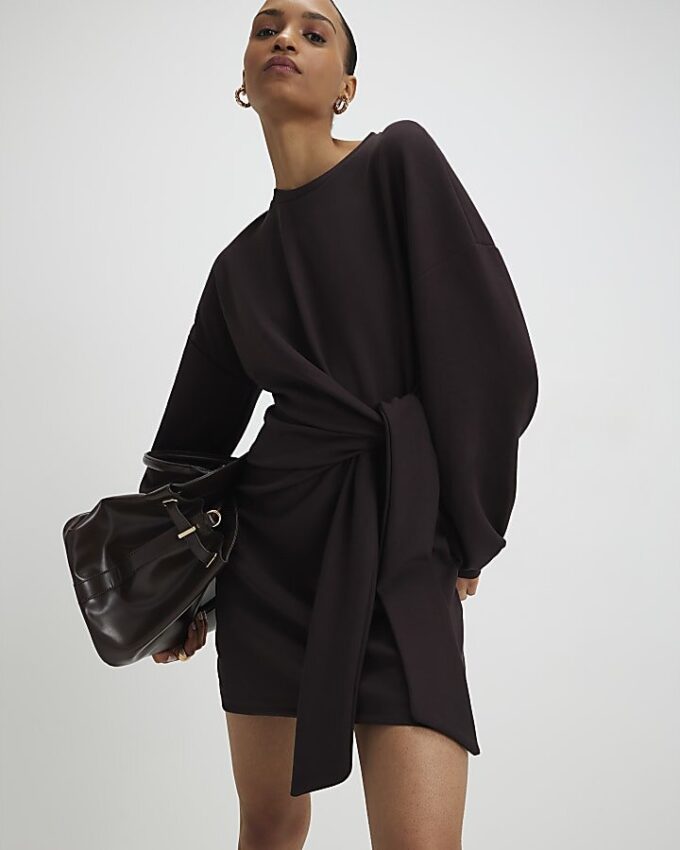 Brown Knot Side Mini Dress
