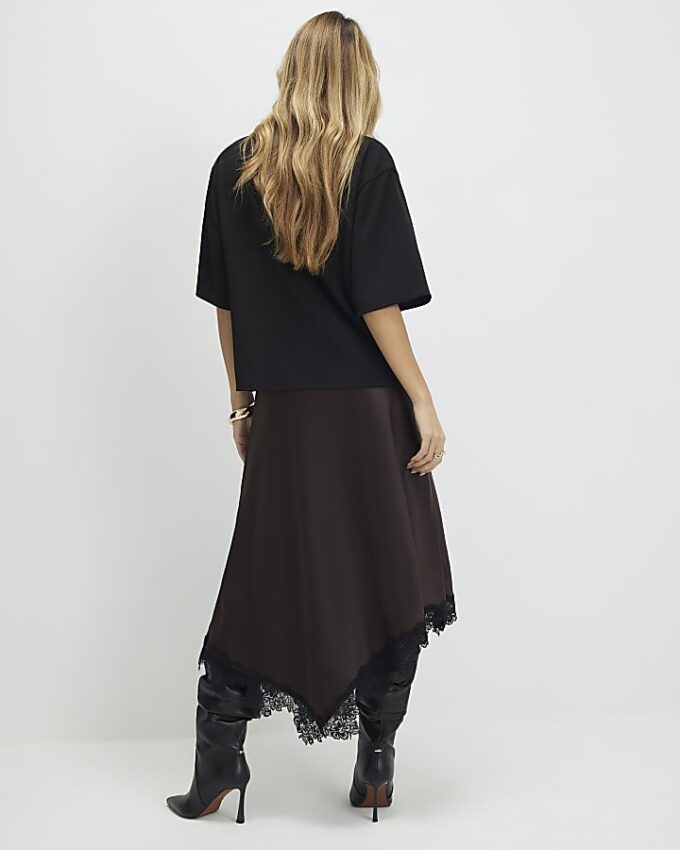 Brown Lace Hybrid T-Shirt Maxi Dress