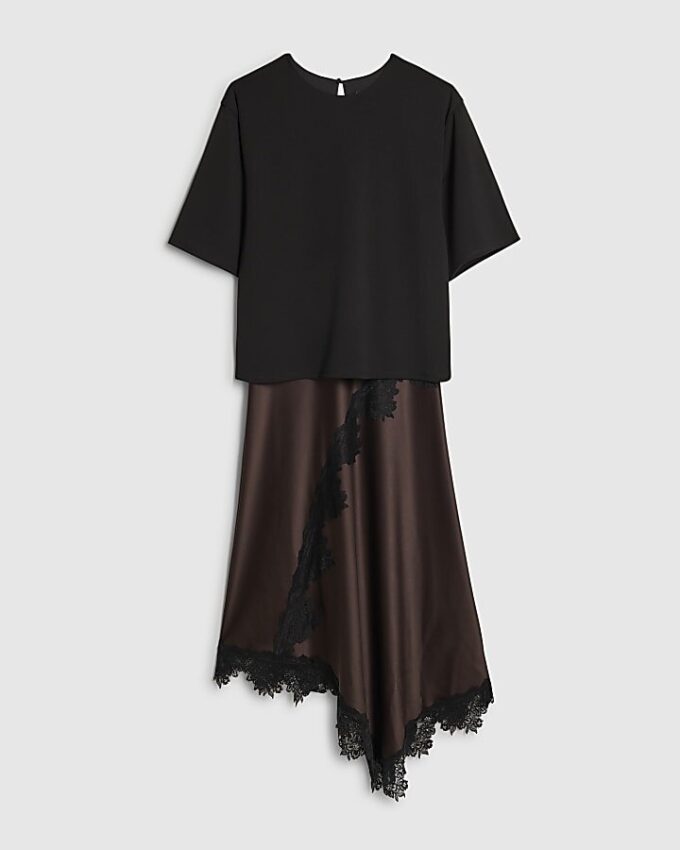 Brown Lace Hybrid T-Shirt Maxi Dress