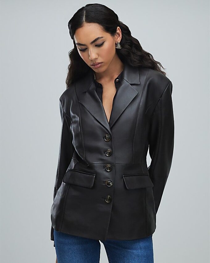 Brown Leather Fitted Waist Blazer