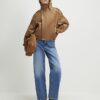 Brown Leather Funnel Bomber Jacket