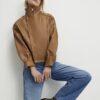 Brown Leather Funnel Bomber Jacket