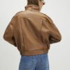Brown Leather Funnel Bomber Jacket