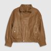 Brown Leather Funnel Bomber Jacket