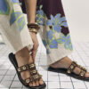 Brown Leather Studded Flat Sandals