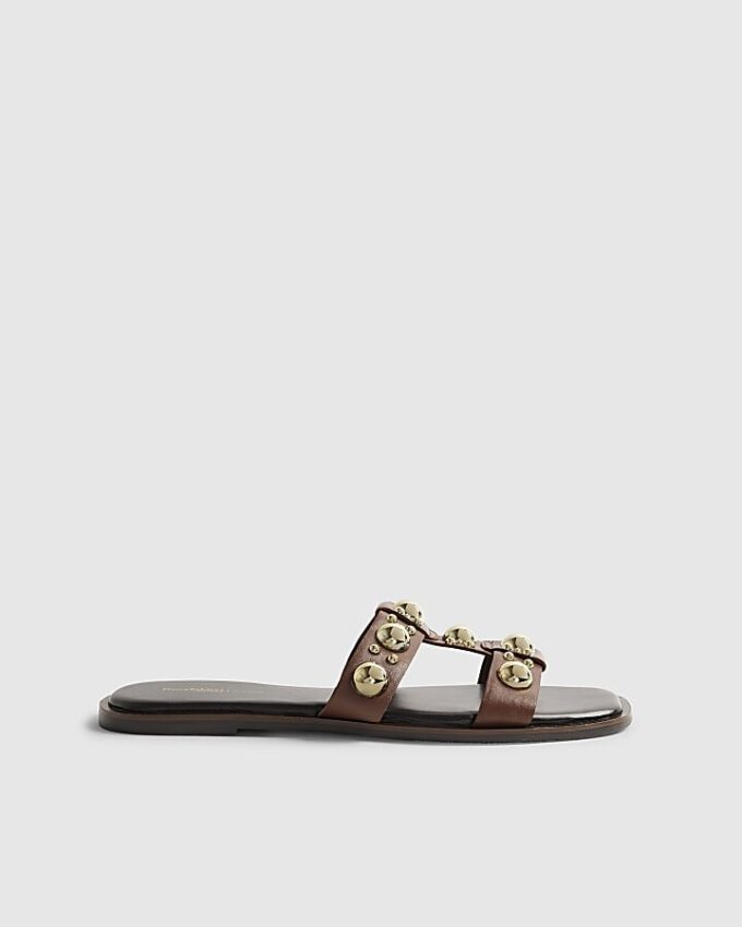 Brown Leather Studded Flat Sandals