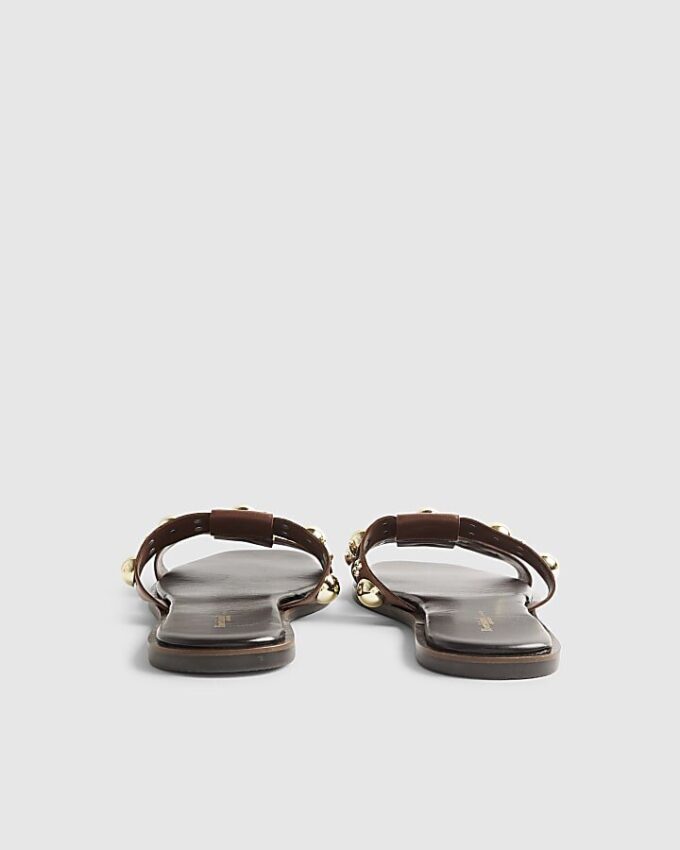 Brown Leather Studded Flat Sandals