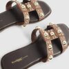 Brown Leather Studded Flat Sandals