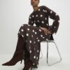 Brown Long Sleeve Spot Print Midi Dress