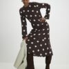 Brown Long Sleeve Spot Print Midi Dress