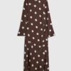 Brown Long Sleeve Spot Print Midi Dress