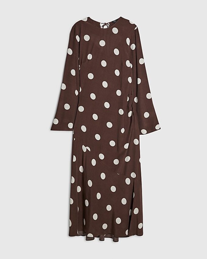 Brown Long Sleeve Spot Print Midi Dress