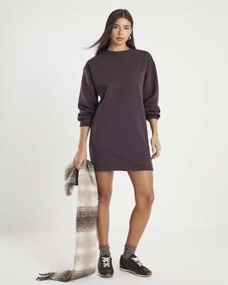 Brown Long Sleeve Sweatshirt Mini Dress
