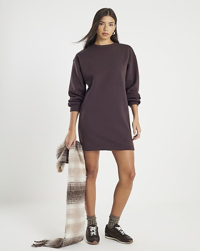 Brown Long Sleeve Sweatshirt Mini Dress