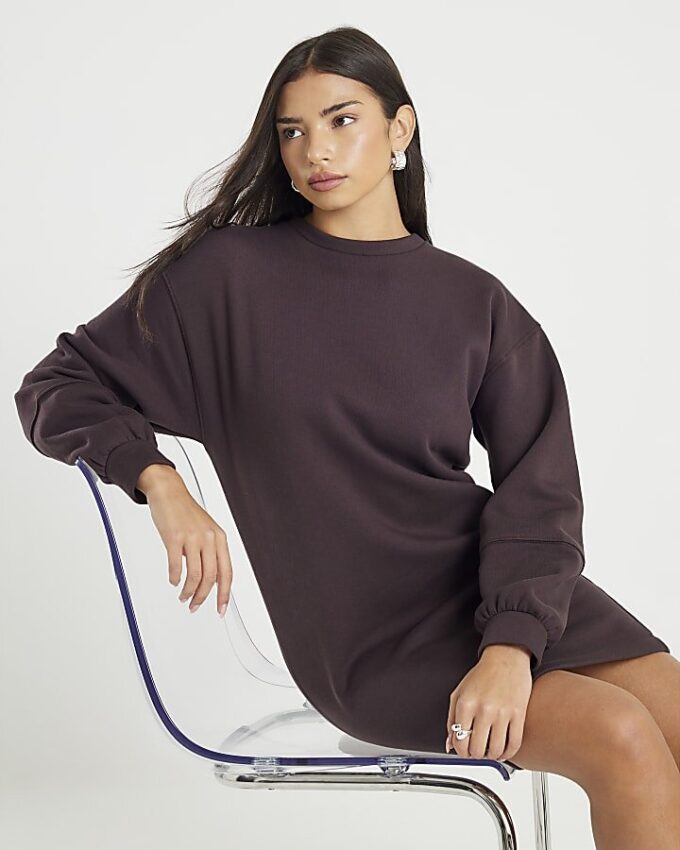 Brown Long Sleeve Sweatshirt Mini Dress