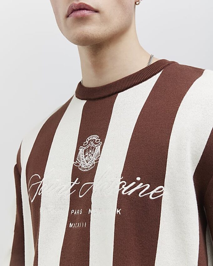 Brown Oversized Fit Stripe Football T-Shirt