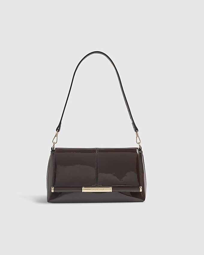 Brown Patent Bar Front Clutch Bag