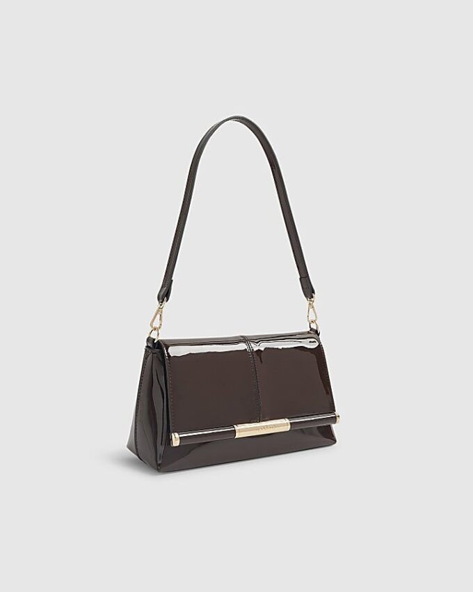Brown Patent Bar Front Clutch Bag