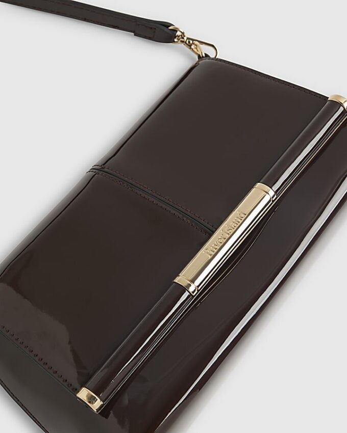 Brown Patent Bar Front Clutch Bag