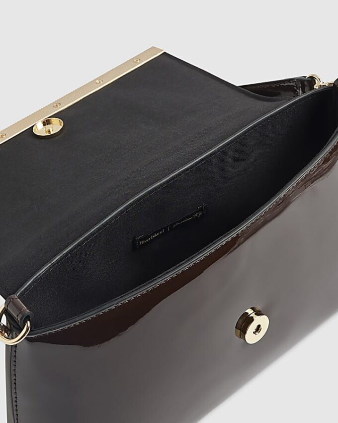 Brown Patent Bar Front Clutch Bag