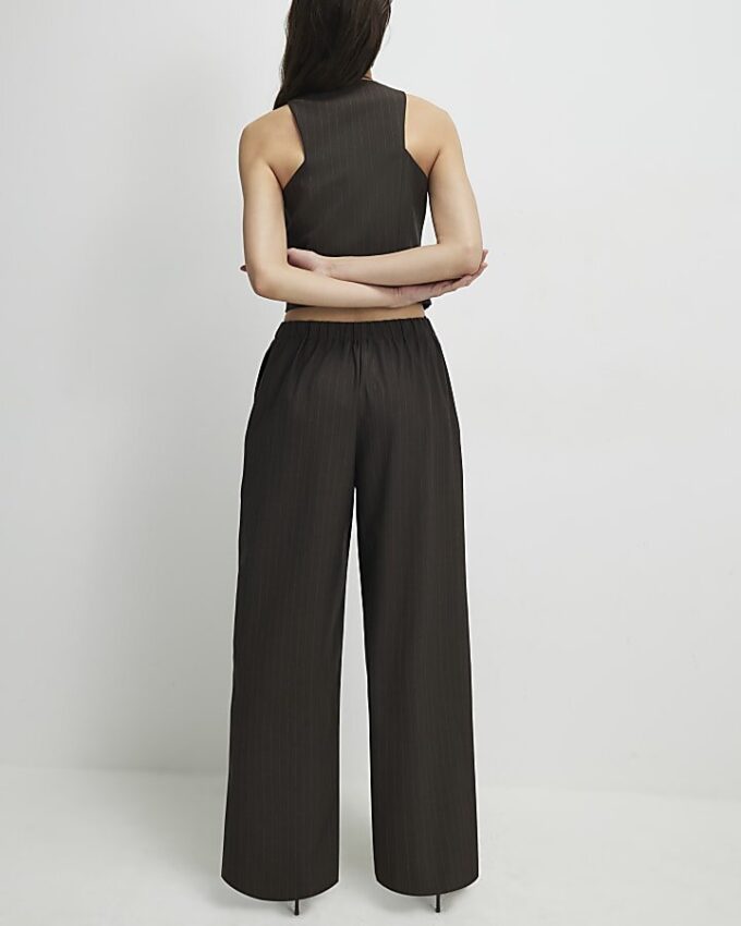 Brown Pinstripe Wide Leg Trousers