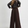 Brown Pleated Wide Leg Trousers