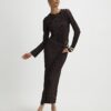 Brown Plisse Buckle Detail Midi Dress