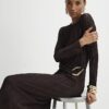Brown Plisse Buckle Detail Midi Dress