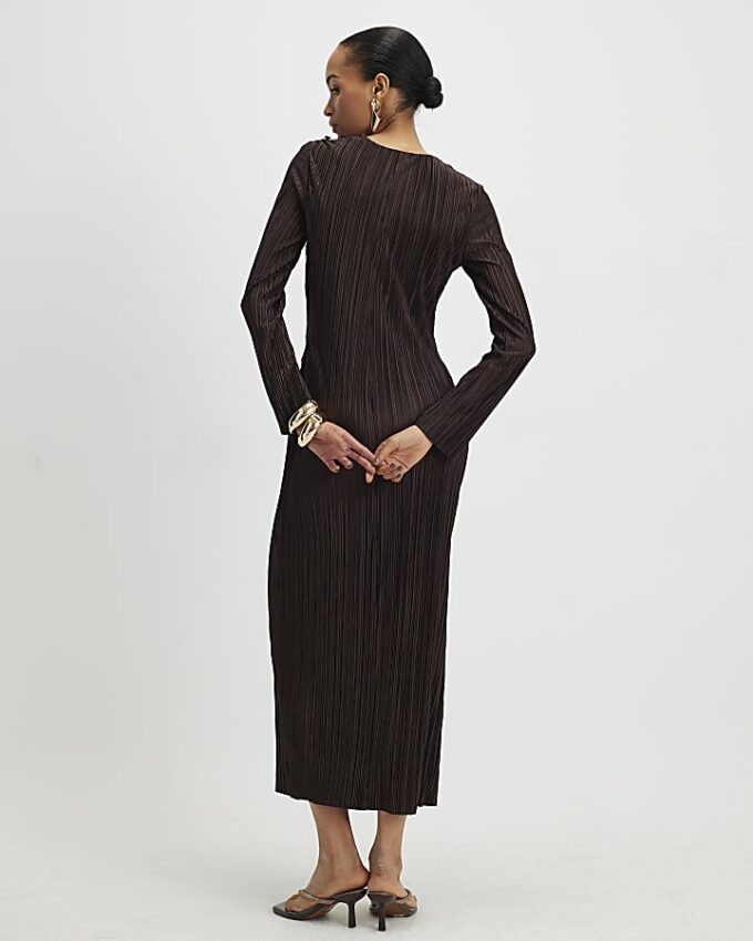 Brown Plisse Buckle Detail Midi Dress