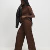 Brown Plisse Wide Leg Trousers