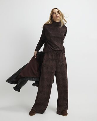 Brown Premium Crinkle Effect Wide Leg Joggers